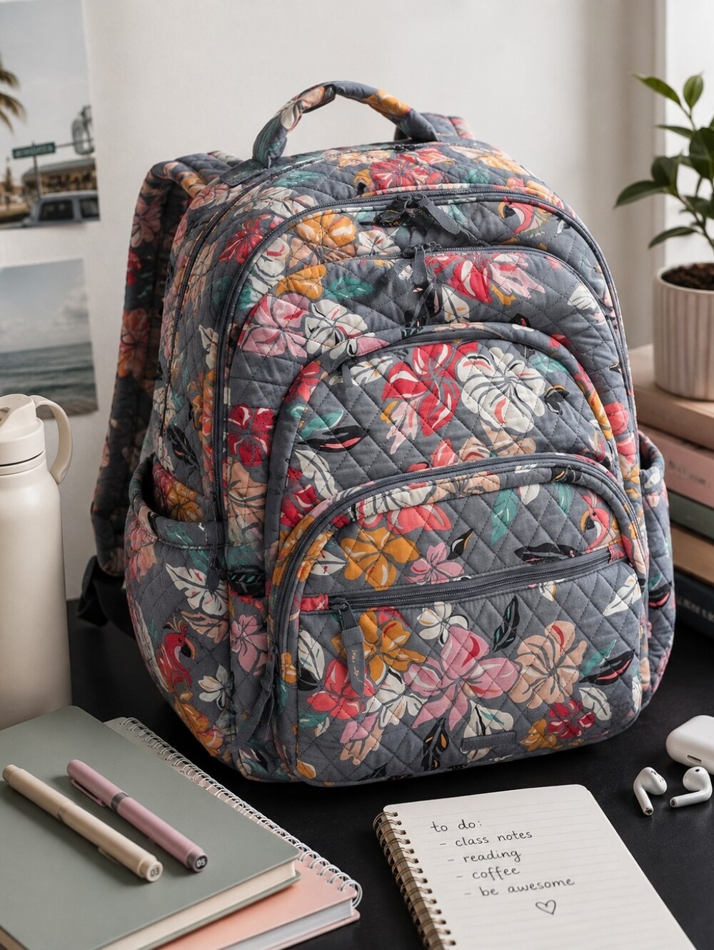 Vera Bradley Coastal Paradise Gray Floral Bird Quilted Backpack Travel Bag